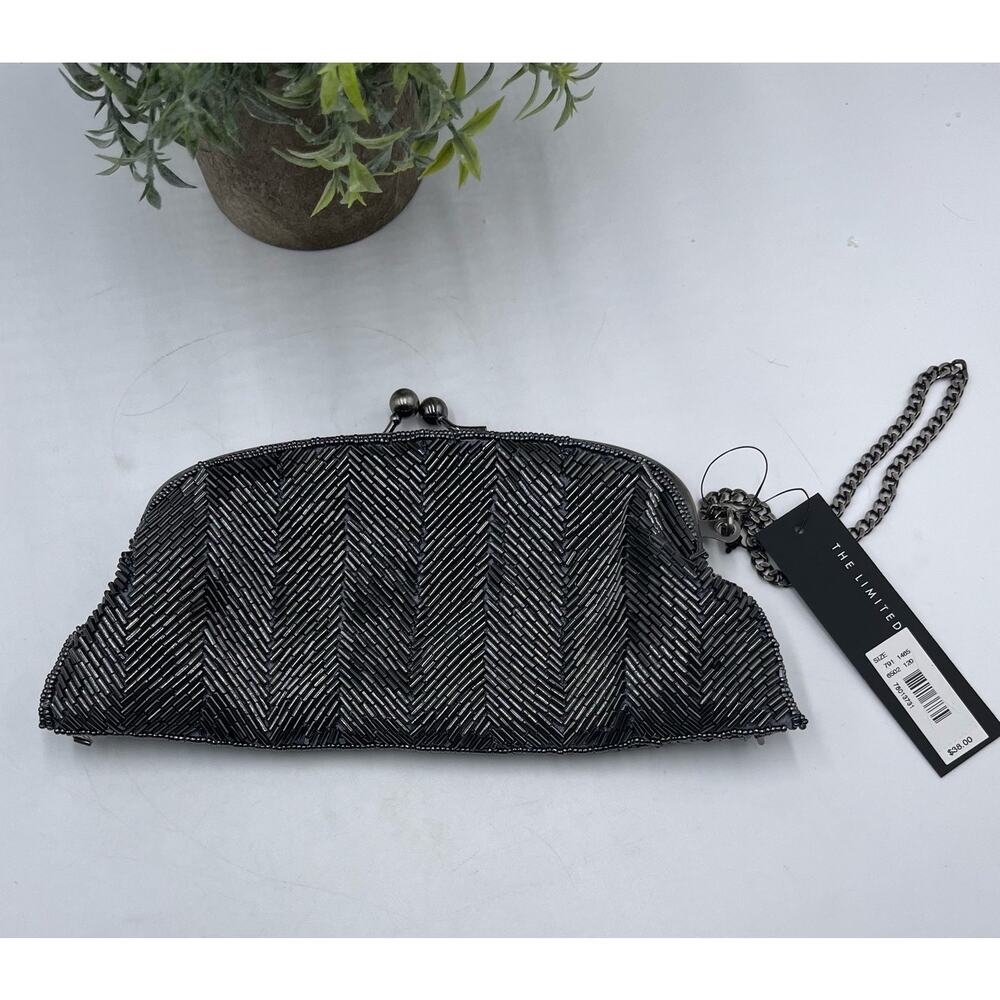 The Limited Handmade Black Silver Tone Kiss Lock‎ Chevron Clutch Bag New